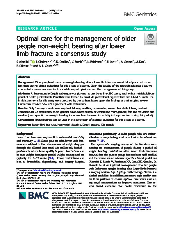 Optimal care for the management of older people non-weight bearing after lower limb fracture: a consensus study Thumbnail