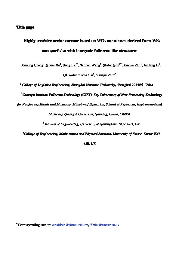 Highly sensitive acetone sensor based on WO3 nanosheets derived from WS2 nanoparticles with inorganic fullerene-like structures Thumbnail