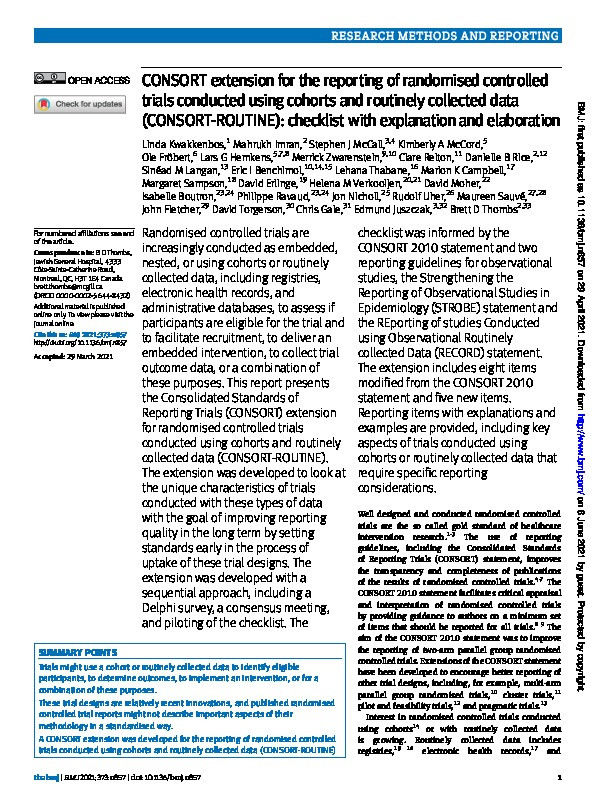 CONSORT extension for the reporting of randomised controlled trials conducted using cohorts and routinely collected data (CONSORT-ROUTINE): checklist with explanation and elaboration Thumbnail