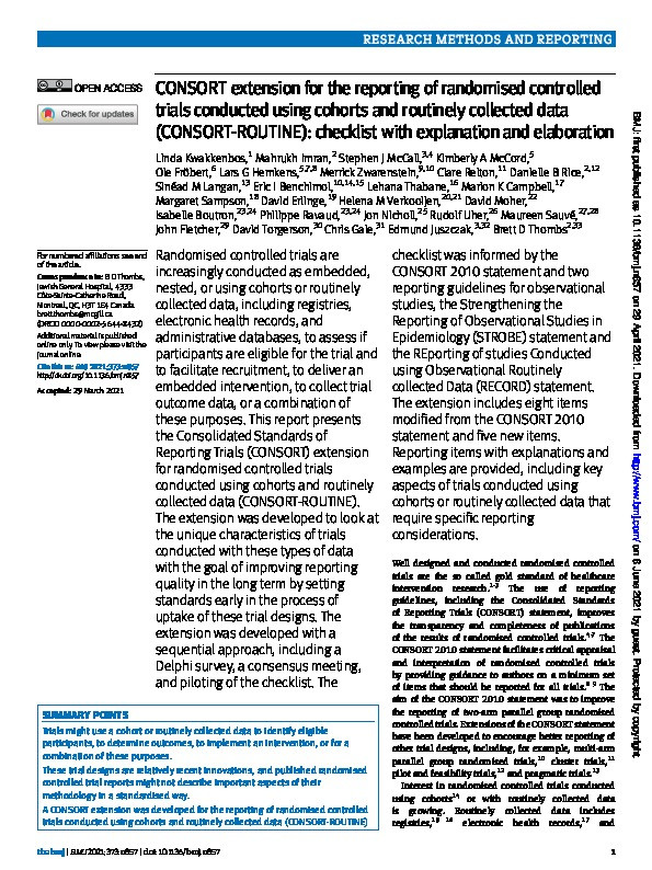 CONSORT extension for the reporting of randomised controlled trials conducted using cohorts and routinely collected data (CONSORT-ROUTINE): checklist with explanation and elaboration Thumbnail