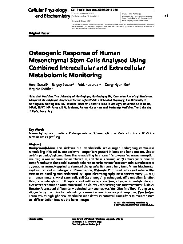 Osteogenic Response of Human Mesenchymal Stem Cells Analysed Using Combined Intracellular and Extracellular Metabolomic Monitoring Thumbnail