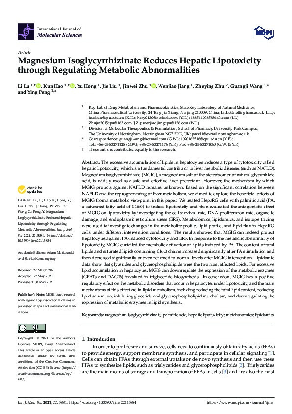 Magnesium isoglycyrrhizinate reduces hepatic lipotoxicity through regulating metabolic abnormalities Thumbnail