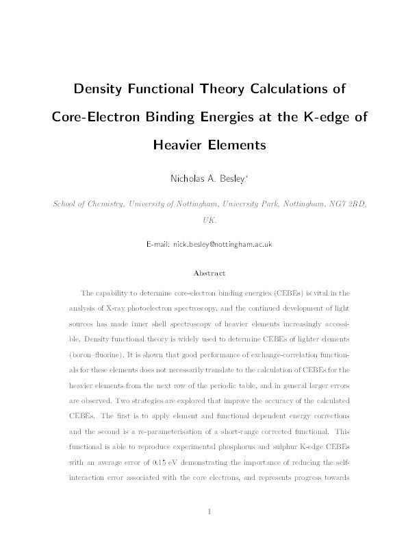 Density Functional Theory Calculations of Core–Electron Binding Energies at the K-Edge of Heavier Elements Thumbnail