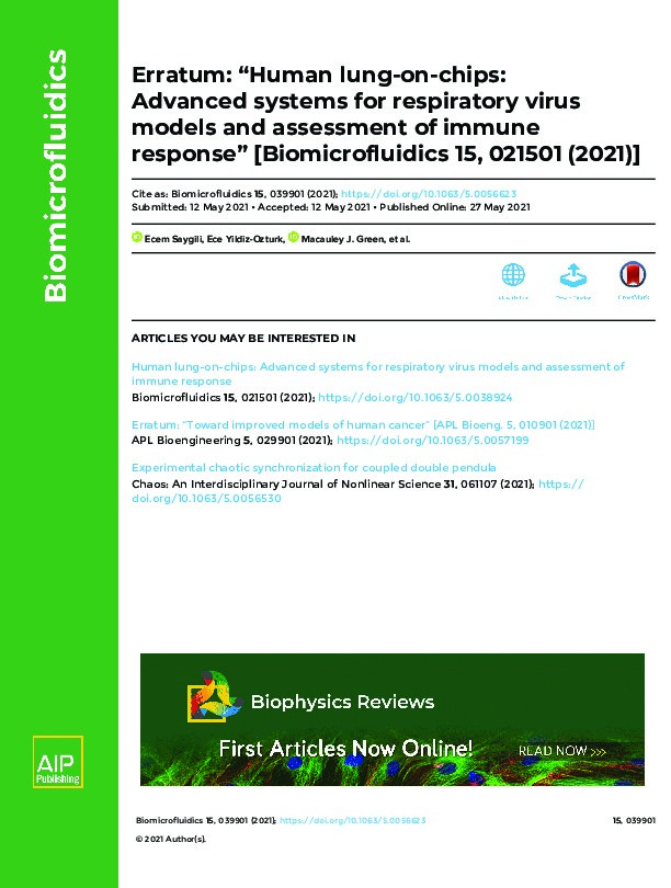 Erratum: “Human lung-on-chips: Advanced systems for respiratory virus models and assessment of immune response” [Biomicrofluidics 15, 021501 (2021)] Thumbnail