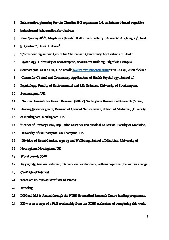 Intervention Planning for the Tinnitus E-Programme 2.0, an Internet-Based Cognitive Behavioral Intervention for Tinnitus Thumbnail