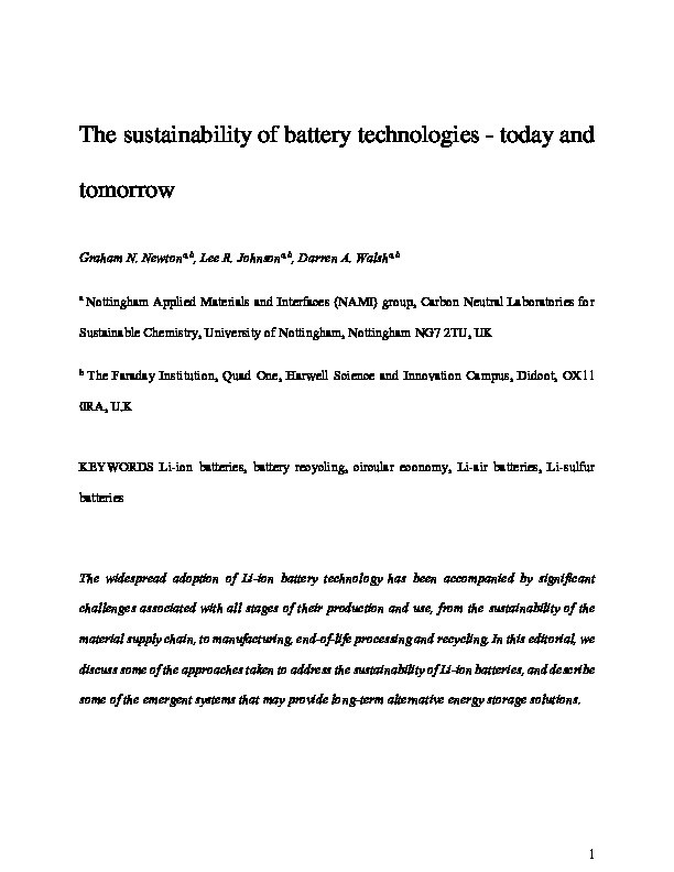 Sustainability of Battery Technologies: Today and Tomorrow Thumbnail