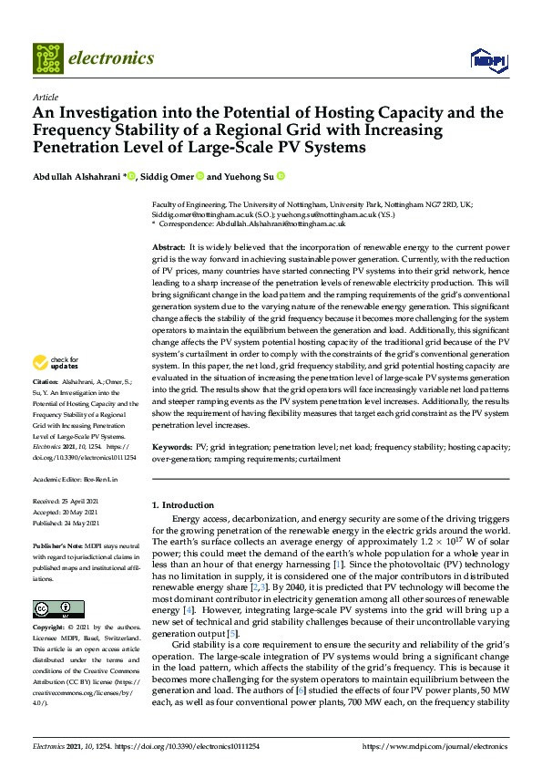 An Investigation into the Potential of Hosting Capacity and the Frequency Stability of a Regional Grid with Increasing Penetration Level of Large-Scale PV Systems Thumbnail