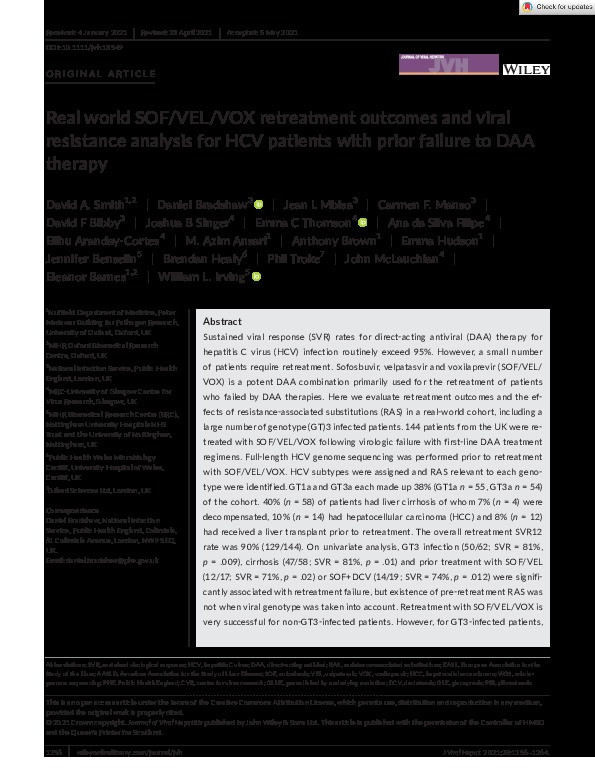 Real world SOF/VEL/VOX retreatment outcomes and viral resistance analysis for HCV patients with prior failure to DAA therapy Thumbnail