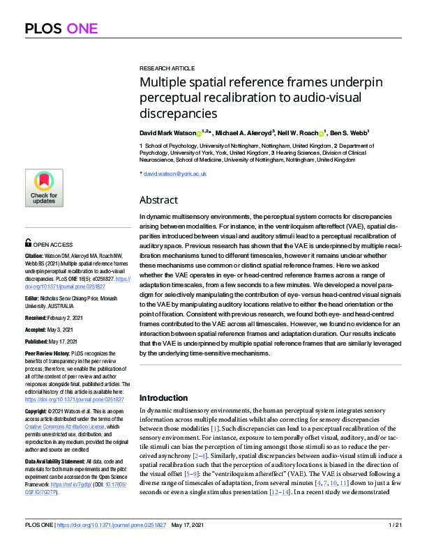 Multiple spatial reference frames underpin perceptual recalibration to audio-visual discrepancies Thumbnail