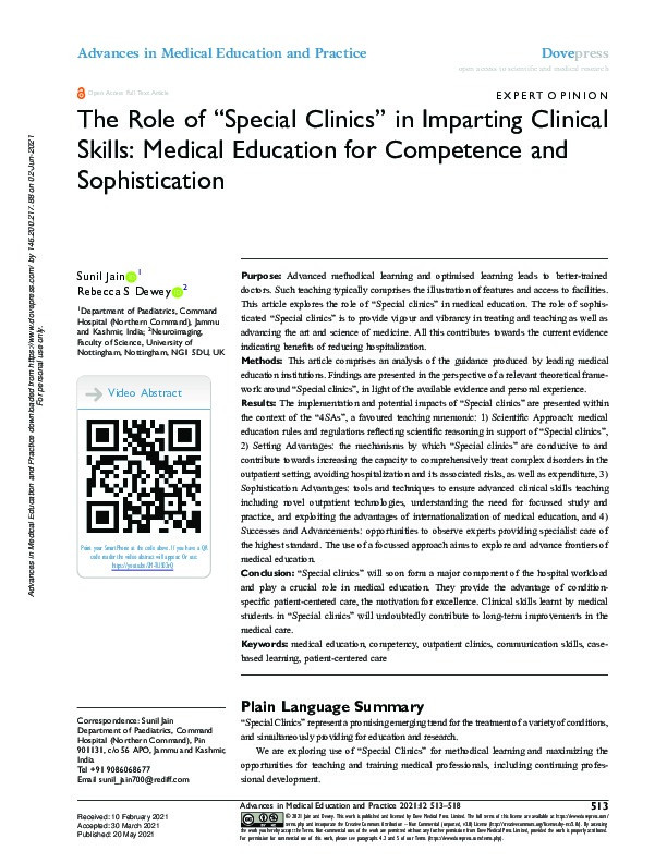 The Role of “Special Clinics” in Imparting Clinical Skills: Medical Education for Competence and Sophistication Thumbnail