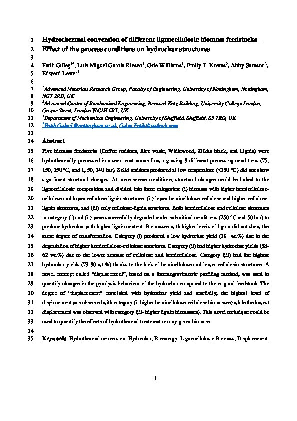 Hydrothermal conversion of different lignocellulosic biomass feedstocks - Effect of the process conditions on hydrochar structures Thumbnail