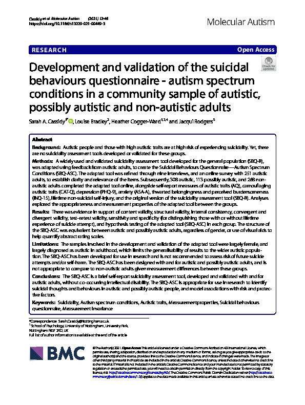 Development and validation of the suicidal behaviours questionnaire - autism spectrum conditions in a community sample of autistic, possibly autistic and non-autistic adults Thumbnail