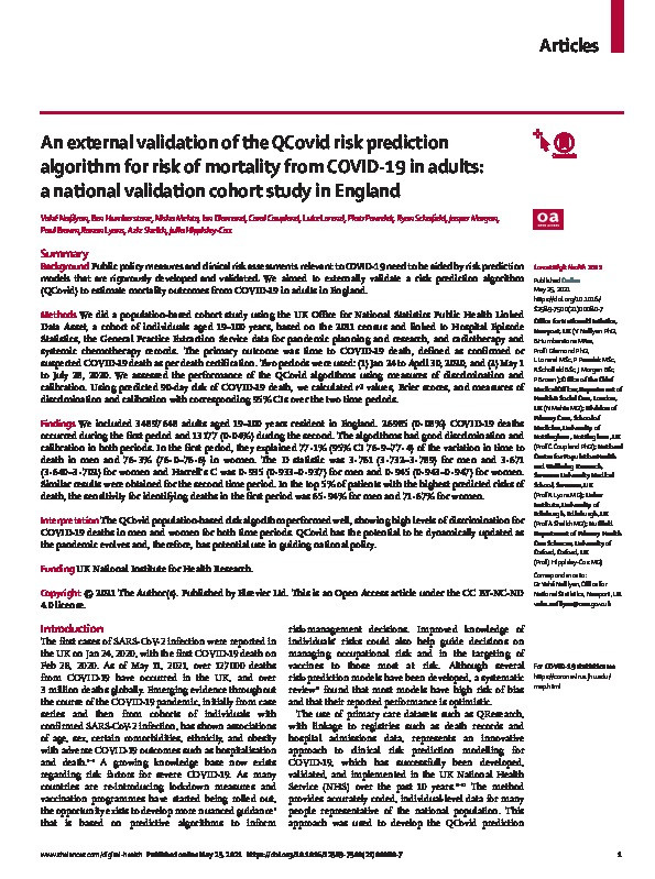 An external validation of the QCovid risk prediction algorithm for risk of mortality from COVID-19 in adults: a national validation cohort study in England Thumbnail