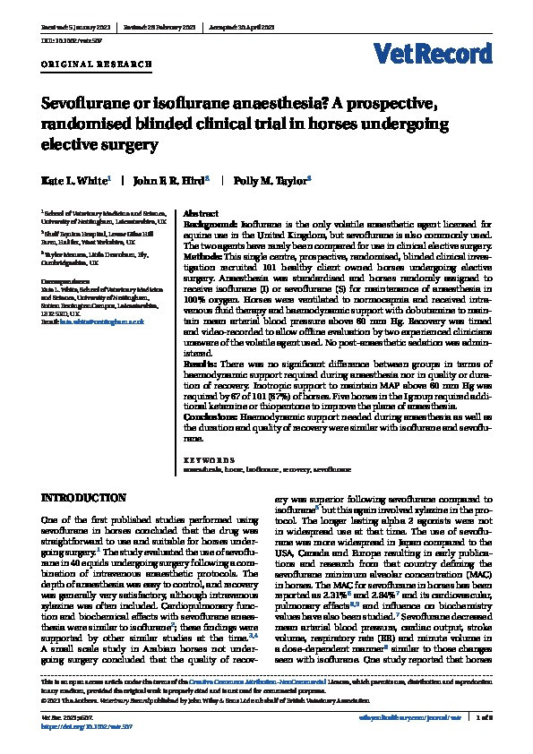 Sevoflurane or isoflurane anaesthesia? A prospective, randomised blinded clinical trial in horses undergoing elective surgery Thumbnail