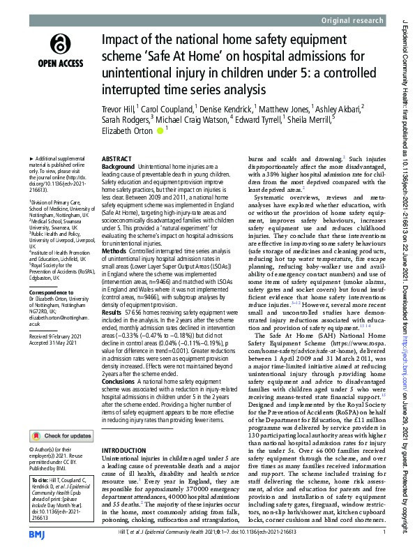 Impact of the national home safety equipment scheme ‘Safe At Home’ on hospital admissions for unintentional injury in children under 5: controlled interrupted time series analysis Thumbnail