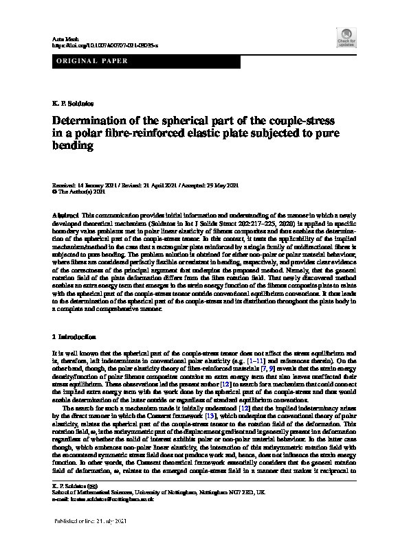 Determination of the spherical part of the couple-stress in a polar fibre-reinforced elastic plate subjected to pure bending Thumbnail