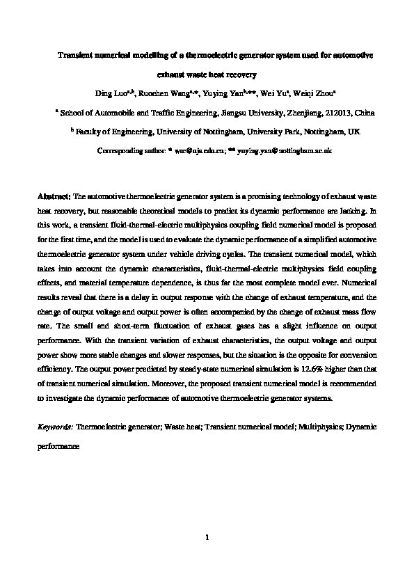 Transient numerical modelling of a thermoelectric generator system used for automotive exhaust waste heat recovery Thumbnail