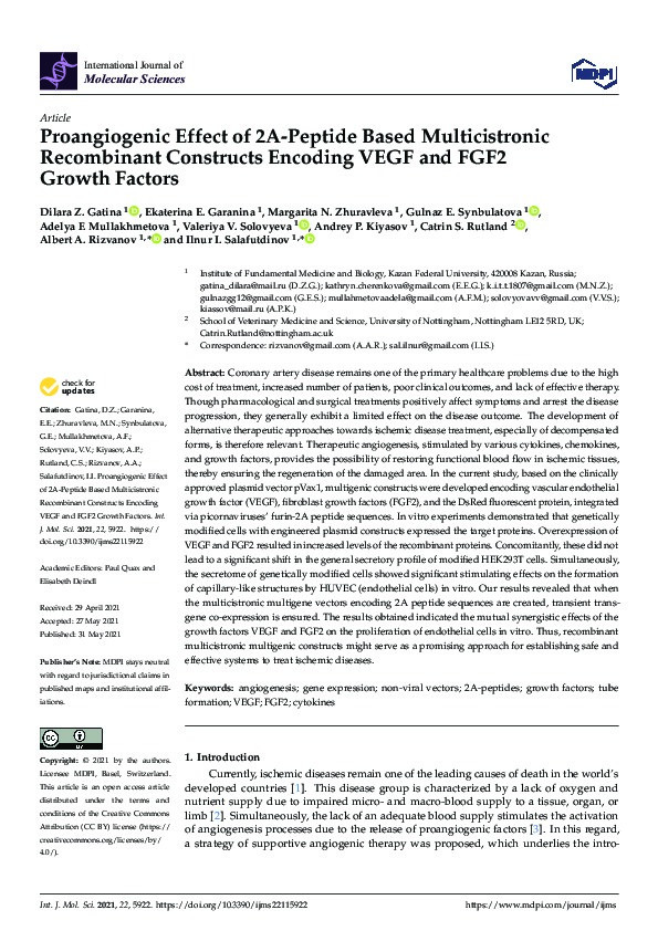 Proangiogenic Effect of 2A-Peptide Based Multicistronic Recombinant Constructs Encoding VEGF and FGF2 Growth Factors Thumbnail
