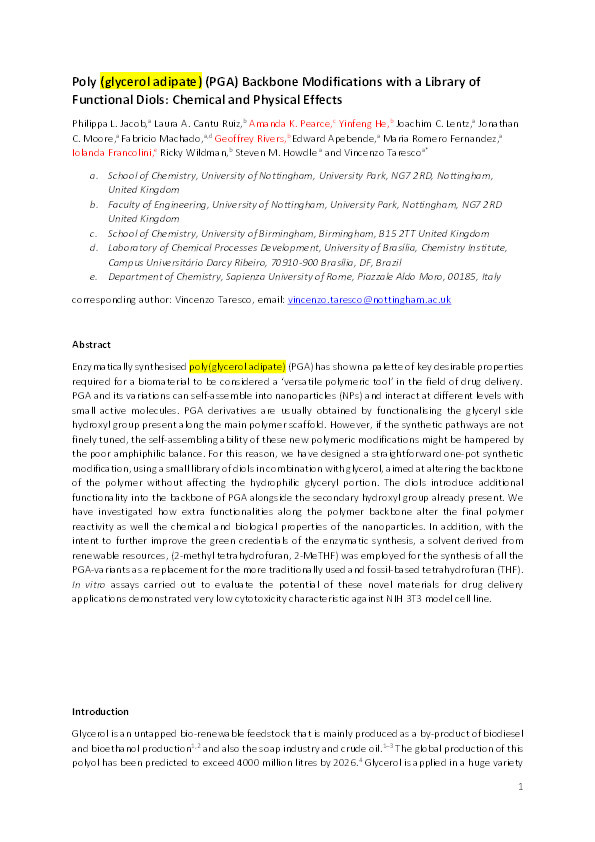 Poly (glycerol adipate) (PGA) backbone modifications with a library of functional diols: Chemical and physical effects Thumbnail