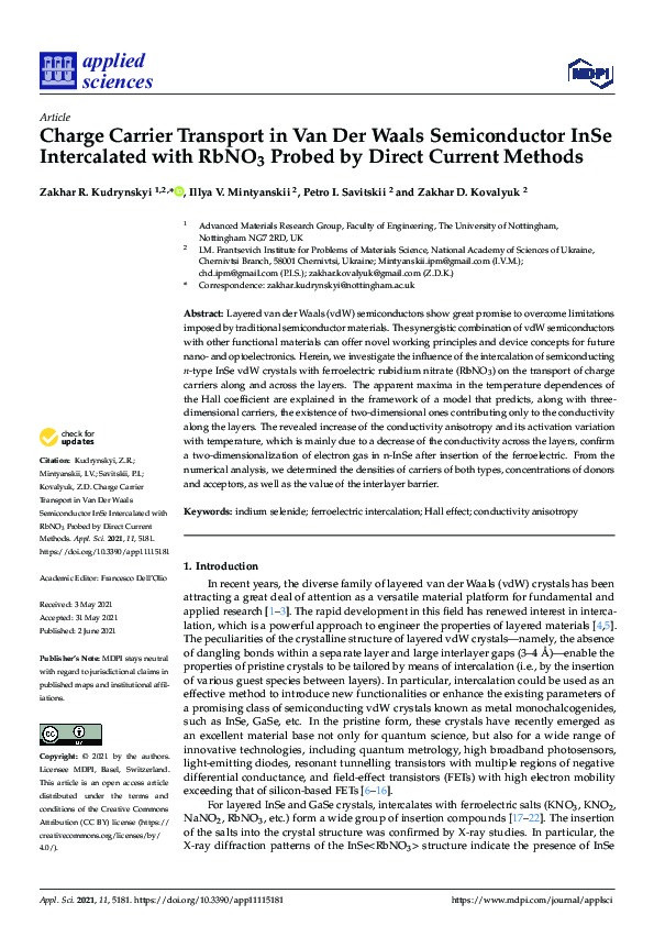 Charge Carrier Transport in Van Der Waals Semiconductor InSe Intercalated with RbNO3 Probed by Direct Current Methods Thumbnail