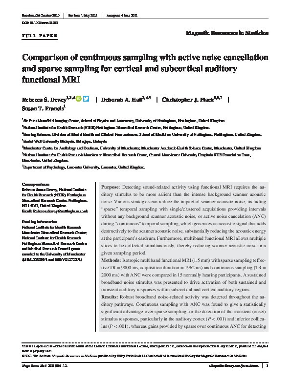 Comparison of continuous sampling with active noise cancellation and sparse sampling for cortical and subcortical auditory fMRI Thumbnail