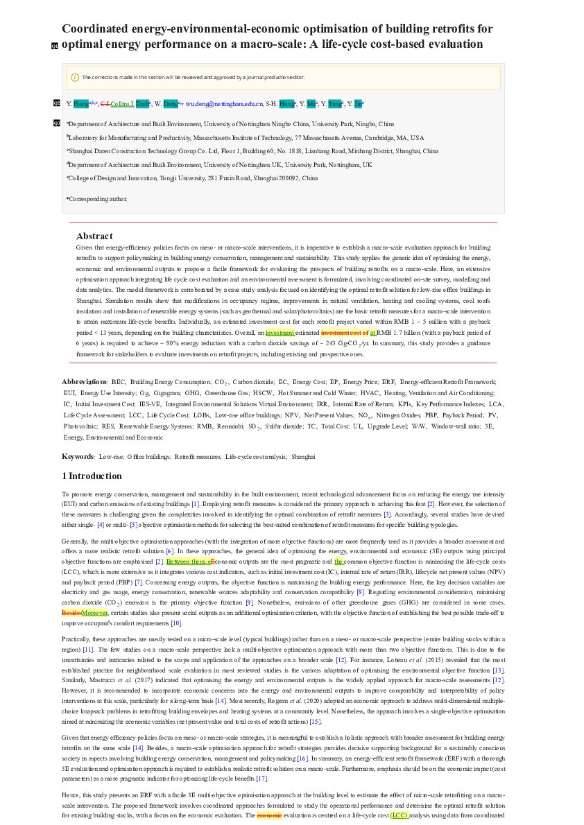 Coordinated energy-environmental-economic optimisation of building retrofits for optimal energy performance on a macro-scale: A life-cycle cost-based evaluation Thumbnail