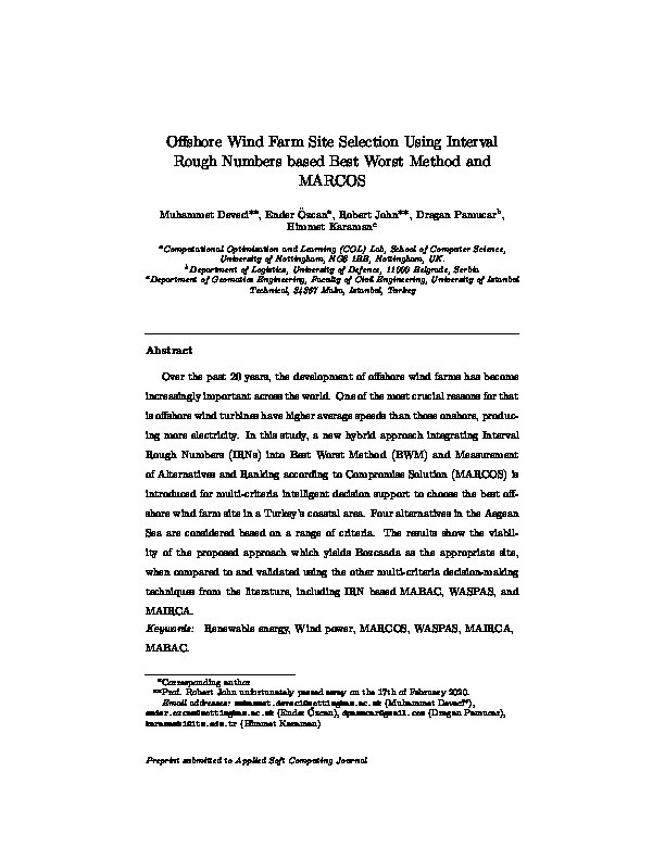 Offshore wind farm site selection using interval rough numbers based Best-Worst Method and MARCOS Thumbnail