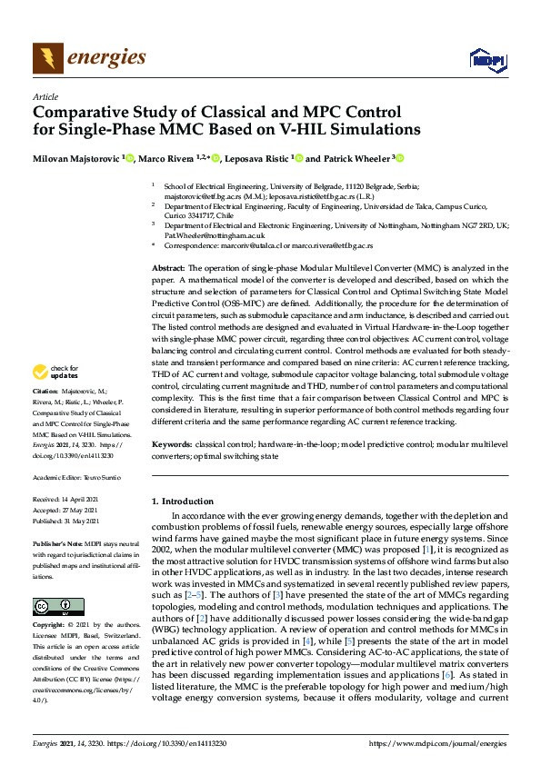 Comparative Study of Classical and MPC Control for Single-Phase MMC Based on V-HIL Simulations Thumbnail