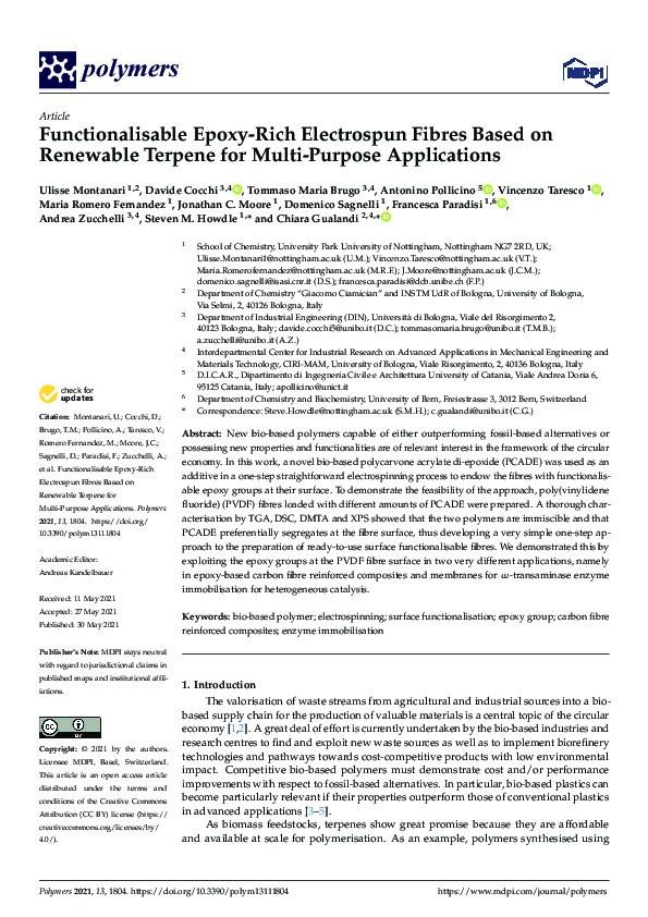 Functionalisable Epoxy-rich Electrospun Fibres Based on Renewable Terpene for Multi-Purpose Applications Thumbnail