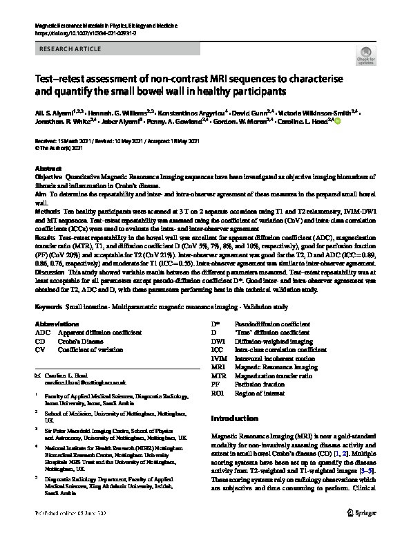 Test–retest assessment of non-contrast MRI sequences to characterise and quantify the small bowel wall in healthy participants Thumbnail