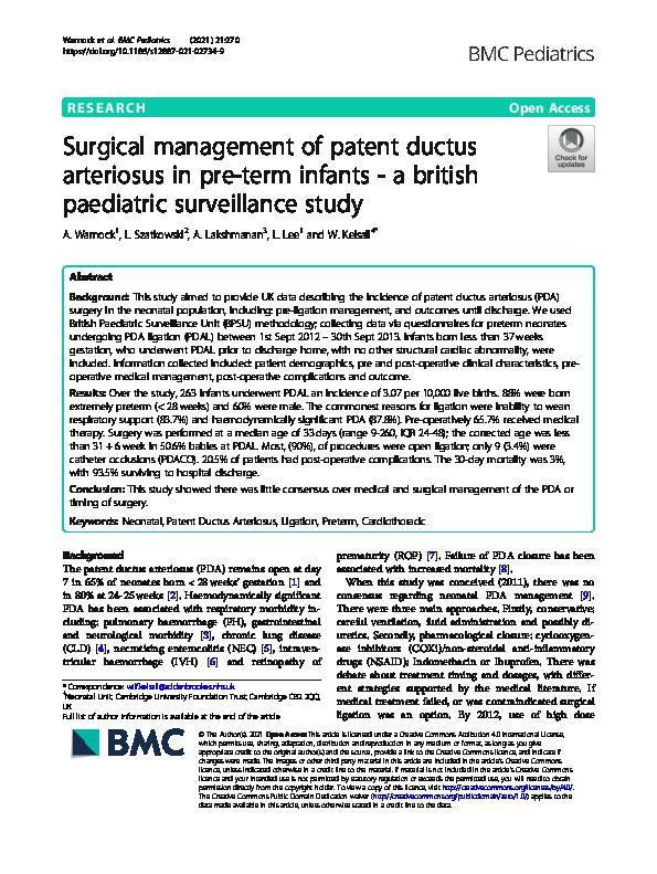Surgical management of patent ductus arteriosus in pre-term infants - a British paediatric surveillance study Thumbnail
