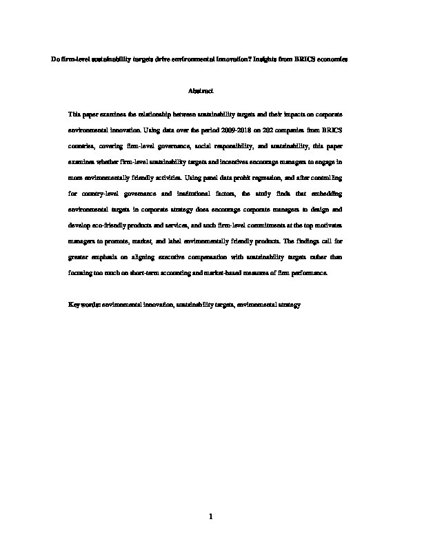 Do firm-level sustainability targets drive environmental innovation? Insights from BRICS Economies Thumbnail