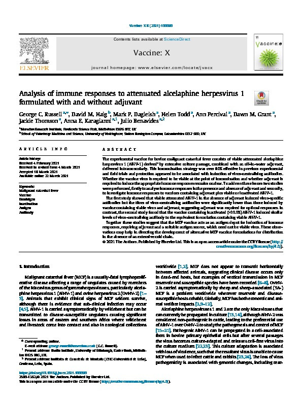 Analysis of immune responses to attenuated alcelaphine herpesvirus 1 formulated with and without adjuvant Thumbnail