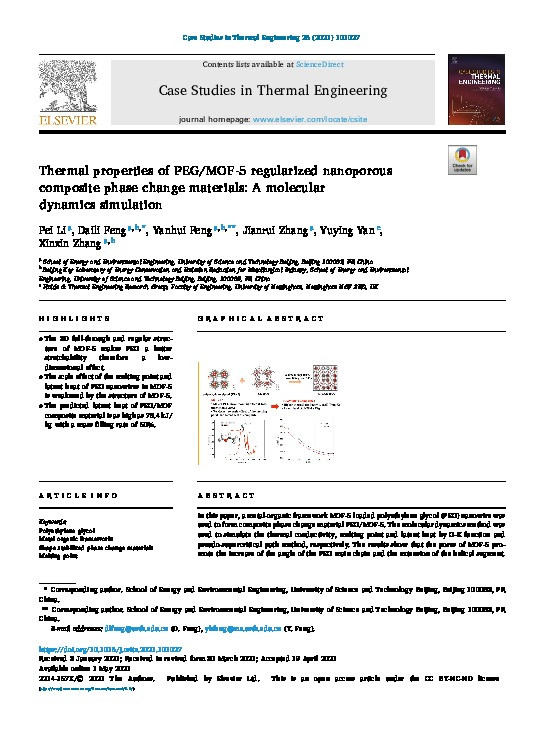 Thermal properties of PEG/MOF-5 regularized nanoporous composite phase change materials: A molecular dynamics simulation Thumbnail