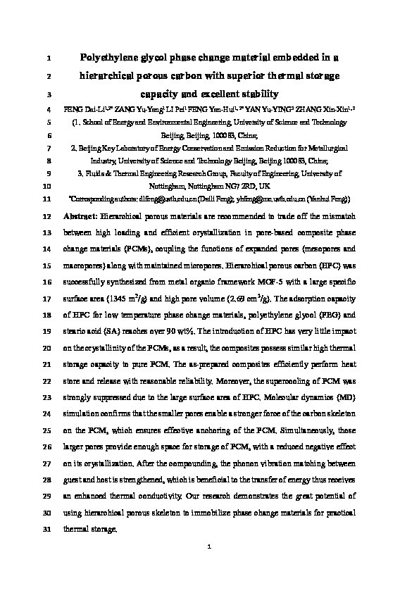 Polyethylene glycol phase change material embedded in a hierarchical porous carbon with superior thermal storage capacity and excellent stability Thumbnail