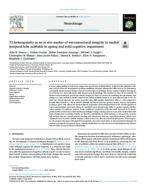 T2 heterogeneity as an in vivo marker of microstructural integrity in medial temporal lobe subfields in ageing and mild cognitive impairment Thumbnail