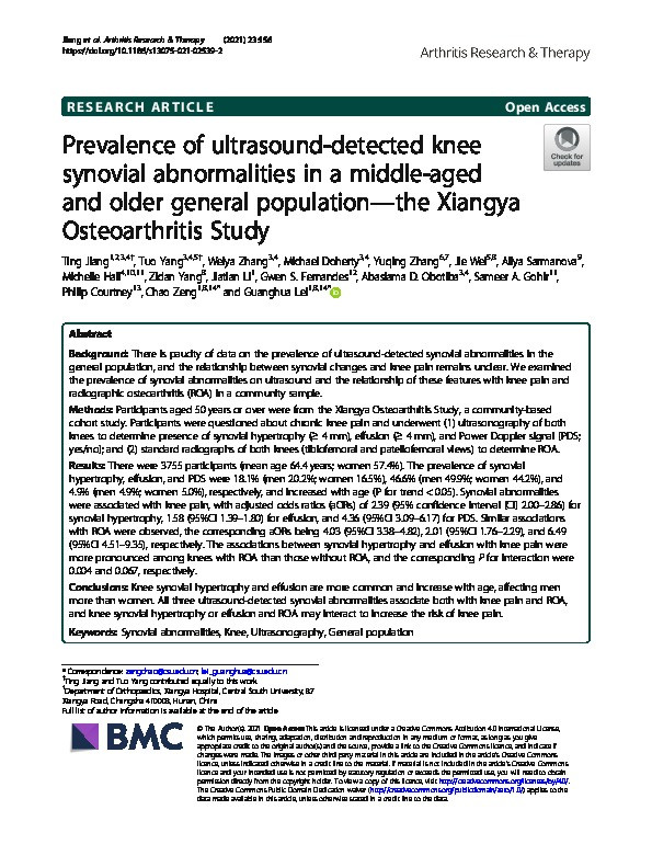 Prevalence of ultrasound-detected knee synovial abnormalities in a middle-aged and older general population—the Xiangya Osteoarthritis Study Thumbnail