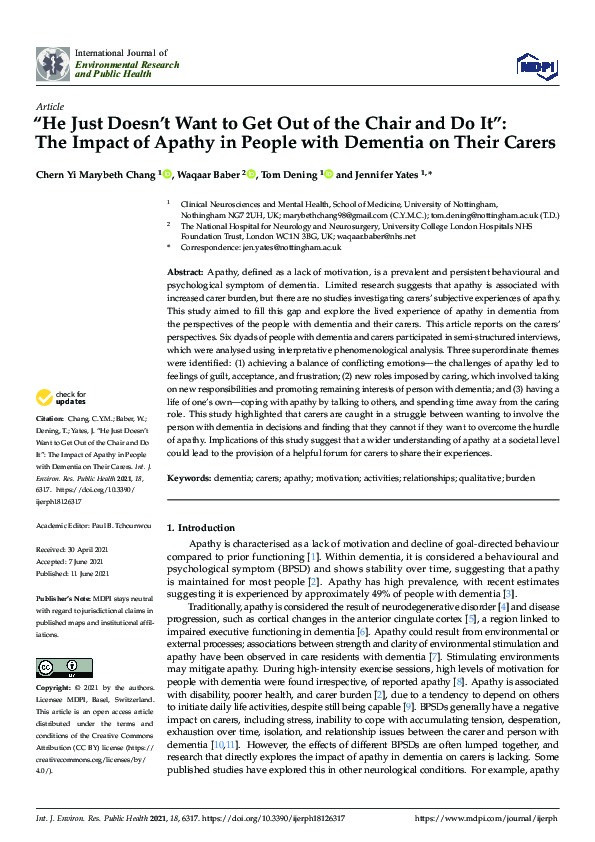 “He Just Doesn’t Want to Get Out of the Chair and Do It”: The Impact of Apathy in People with Dementia on Their Carers Thumbnail
