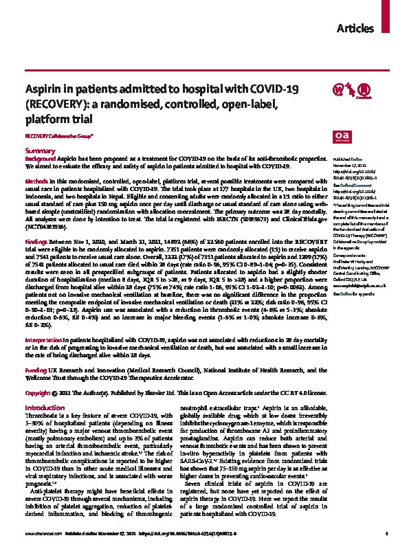 Aspirin in patients admitted to hospital with COVID-19 (RECOVERY): a randomised, controlled, open-label, platform trial Thumbnail