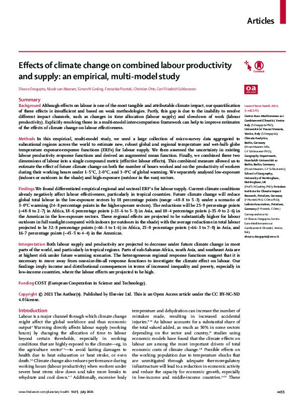 Effects of climate change on combined labour productivity and supply: an empirical, multi-model study Thumbnail