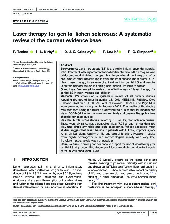 Laser therapy for genital lichen sclerosus: A systematic review of the current evidence base Thumbnail