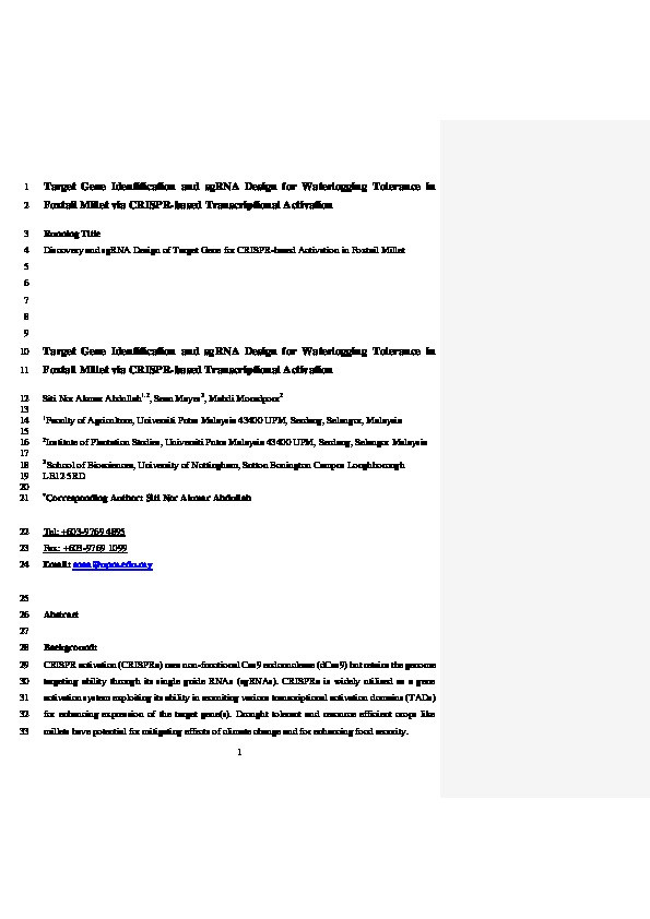 Target Gene Identification and sgRNA Design for Waterlogging Tolerance in Foxtail Millet via CRISPR-Based Transcriptional Activation Thumbnail