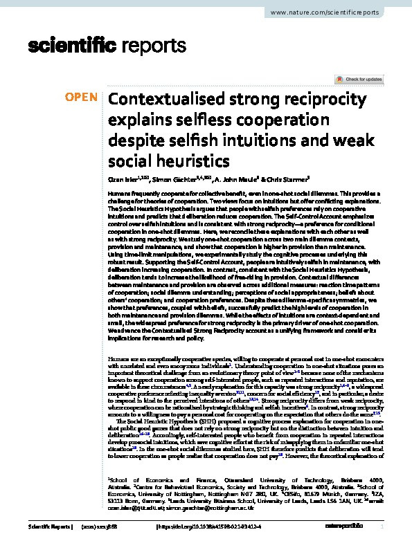 Contextualised strong reciprocity explains selfless cooperation despite selfish intuitions and weak social heuristics Thumbnail