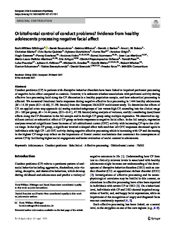Orbitofrontal control of conduct problems? Evidence from healthy adolescents processing negative facial affect Thumbnail