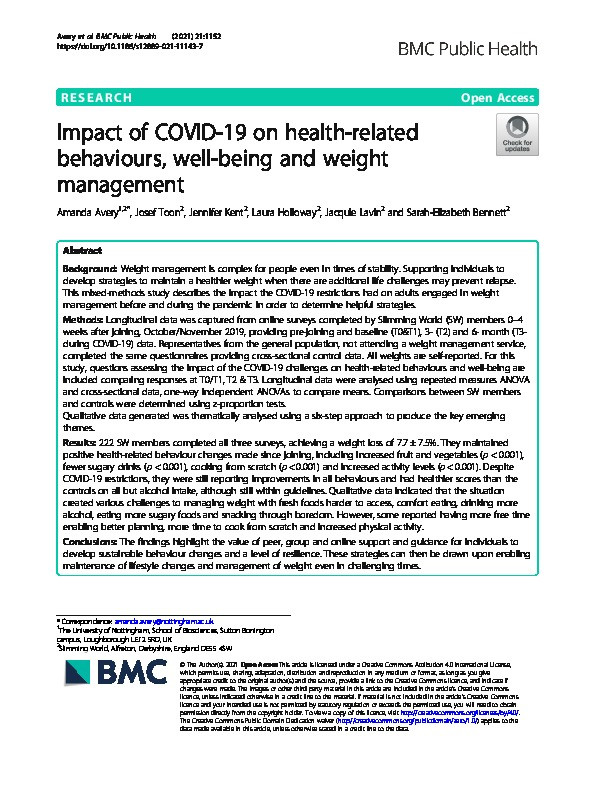 Impact of COVID-19 on health-related behaviours, well-being and weight management Thumbnail