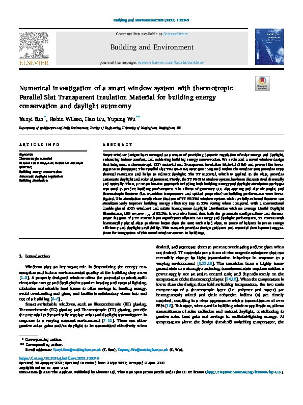 Numerical investigation of a smart window system with thermotropic parallel Slat-Transparent Insulation Material for building energy conservation and daylight autonomy Thumbnail