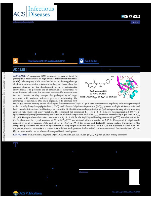 Design and Evaluation of New Quinazolin-4(3 H)-one Derived PqsR Antagonists as Quorum Sensing Quenchers in Pseudomonas aeruginosa Thumbnail