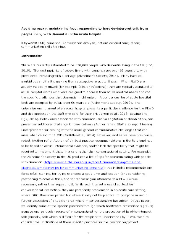 Avoiding repair, maintaining face: Responding to hard-to-interpret talk from people living with dementia in the acute hospital Thumbnail