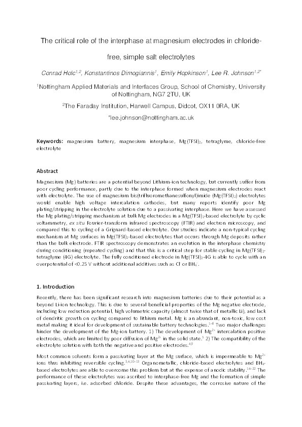 Critical Role of the Interphase at Magnesium Electrodes in Chloride-Free, Simple Salt Electrolytes Thumbnail