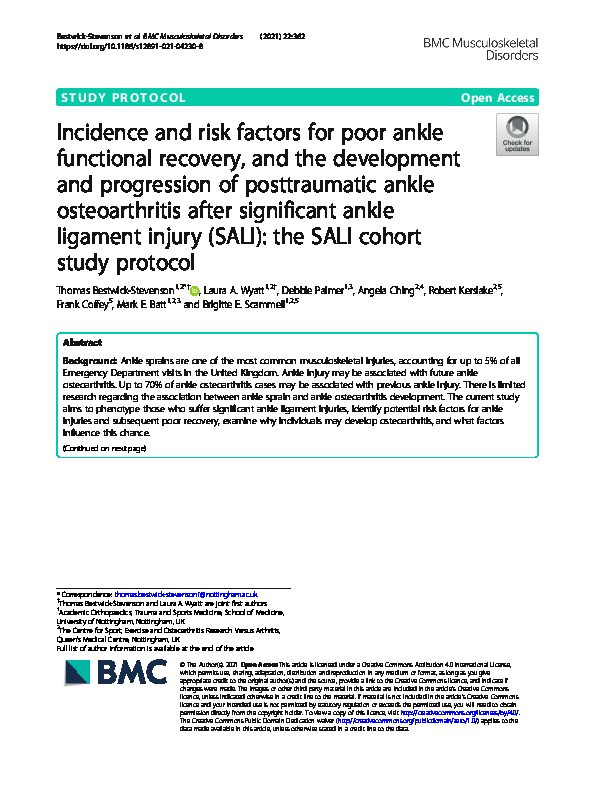 Incidence and risk factors for poor ankle functional recovery, and the development and progression of posttraumatic ankle osteoarthritis after significant ankle ligament injury (SALI): the SALI cohort study protocol Thumbnail